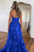 Black Sweetheart Chiffon A Line Tiered Long Prom Dress With Slit