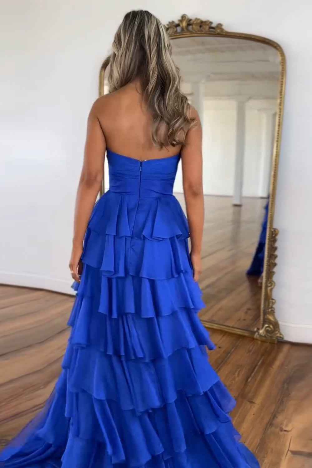 Black Sweetheart Chiffon A Line Tiered Long Prom Dress With Slit