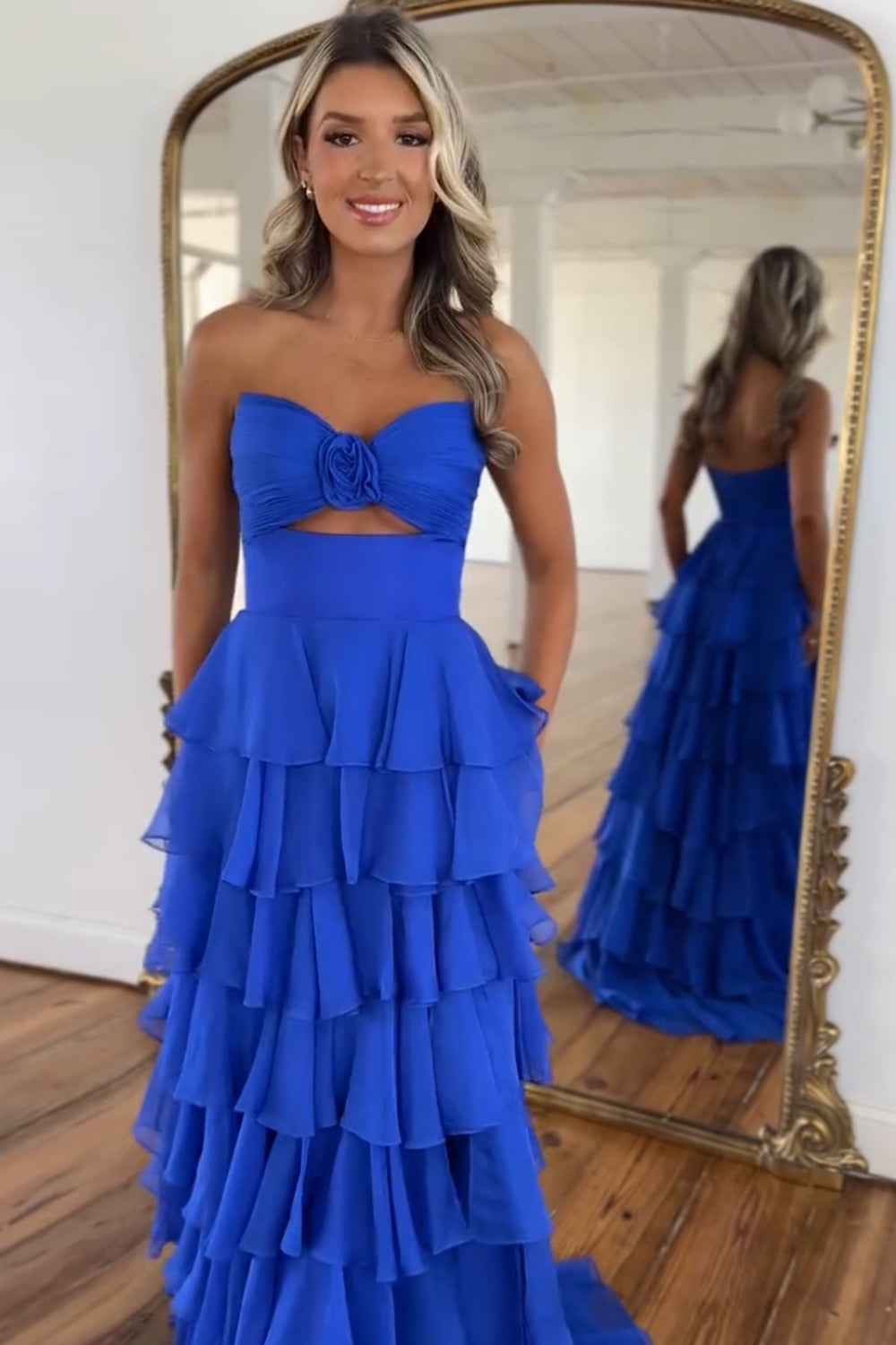 Black Sweetheart Chiffon A Line Tiered Long Prom Dress With Slit