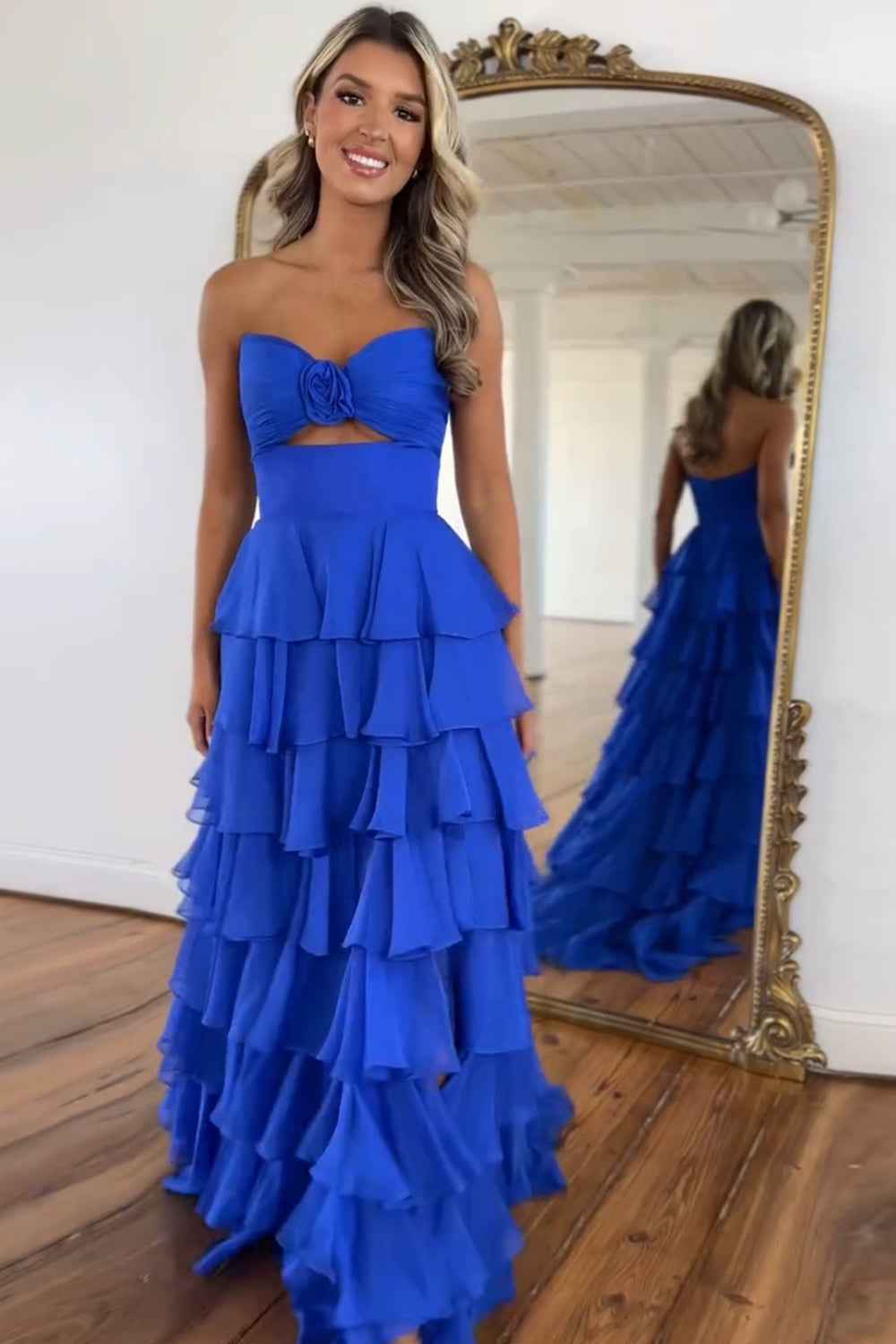 Royal Blue Sweetheart Chiffon A Line Prom Dress With Tiered Slit