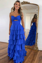 Royal Blue Sweetheart Chiffon A Line Prom Dress With Tiered Slit