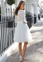 Chic Short Tulle Jewel Neckline A Line Wedding Dress With Lace Sleeves