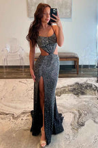 Sparkly Red Satin Mermaid Prom Dress With Cut Out Beading