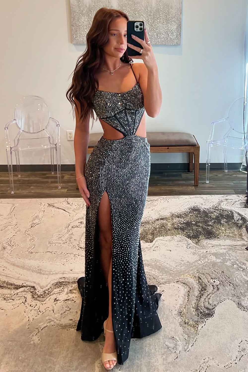 Sparkly Red Satin Mermaid Prom Dress With Cut Out Beading