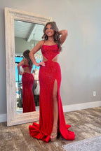 Sparkly Red Satin Mermaid Prom Dress With Cut Out Beading