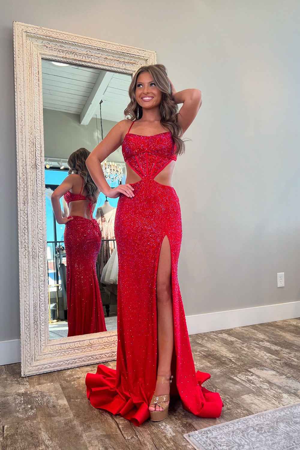 Sparkly Red Satin Mermaid Prom Dress With Cut Out Beading