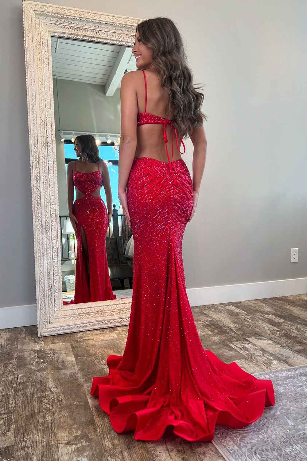 Sparkly Red Satin Mermaid Prom Dress With Cut Out Beading