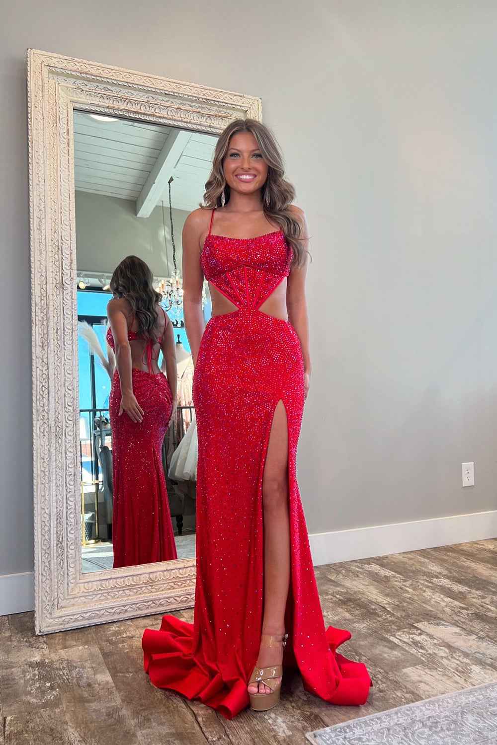 Sparkly Red Satin Mermaid Prom Dress With Cut Out Beading