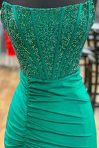 Glitter Emerald Green Strapless Beaded Mermaid Long Corset Prom Dress With Slit