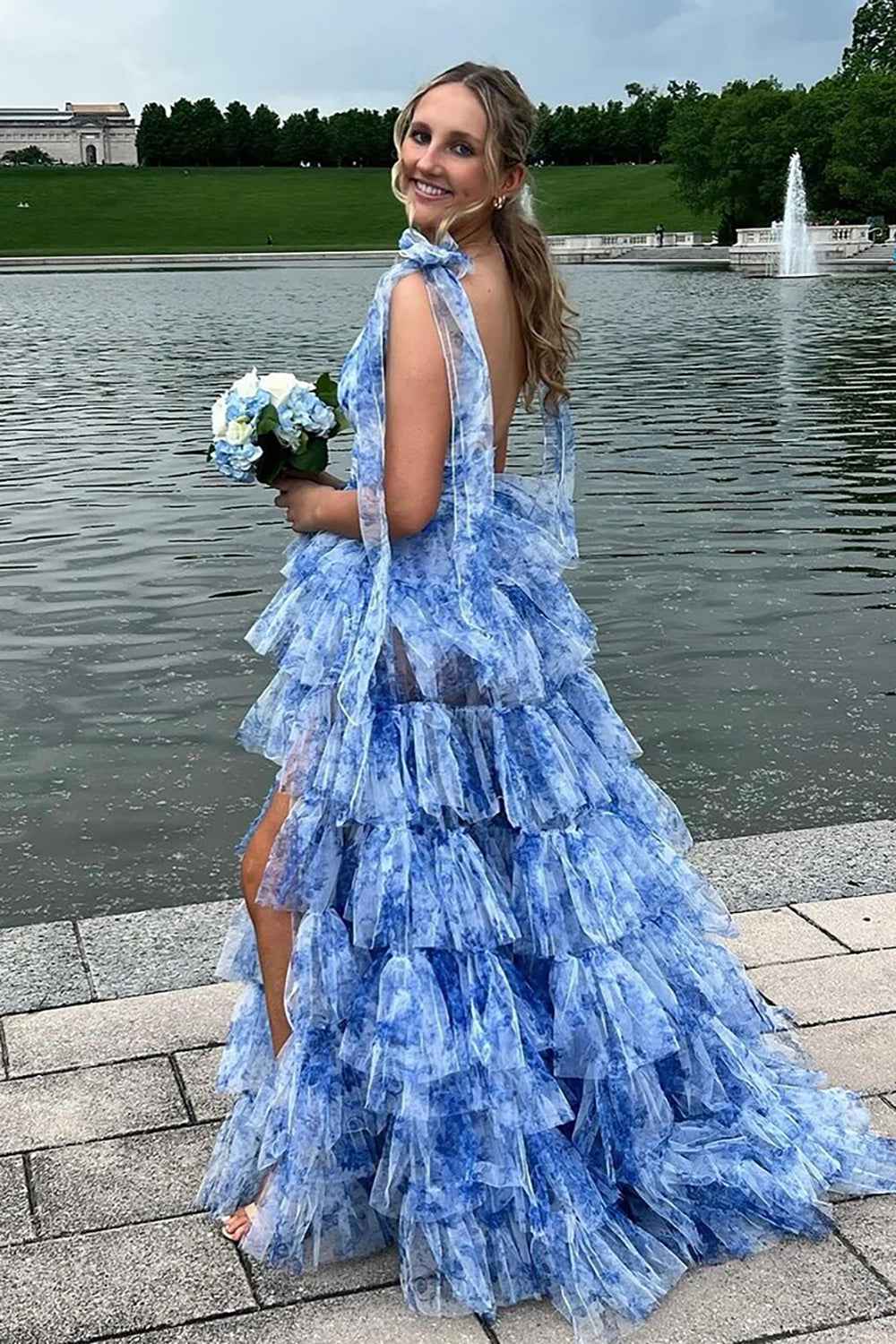 Blue Floral Tulle Prom Dress V Neck A Line Long Side Slit