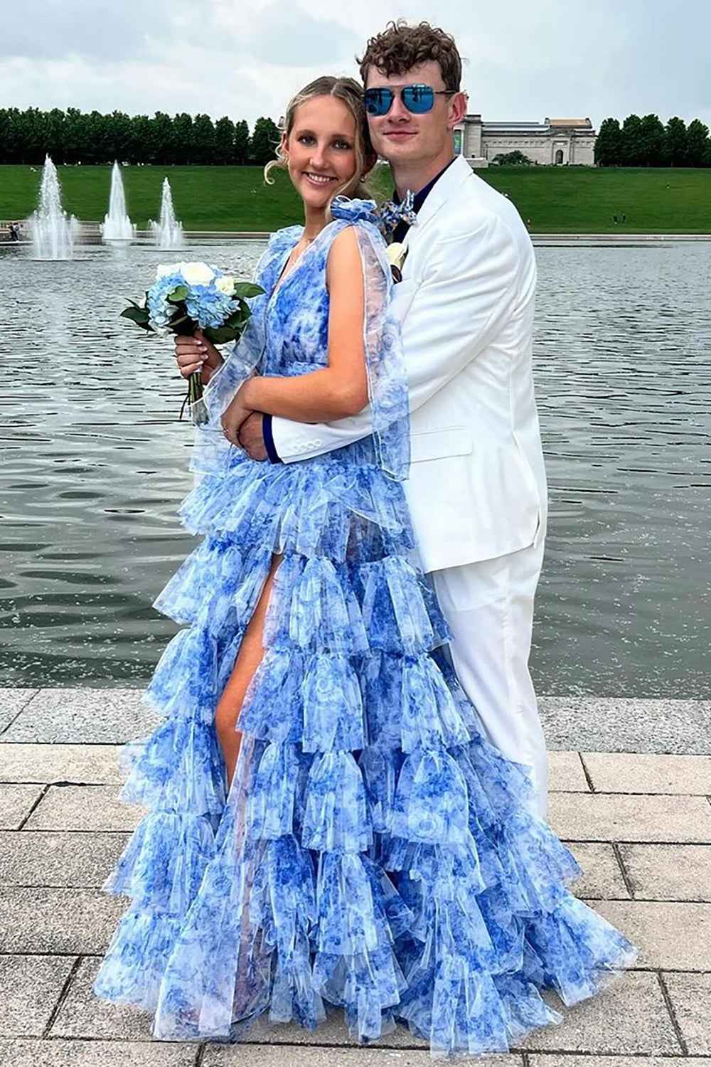 Blue Floral Tulle Prom Dress V Neck A Line Long Side Slit