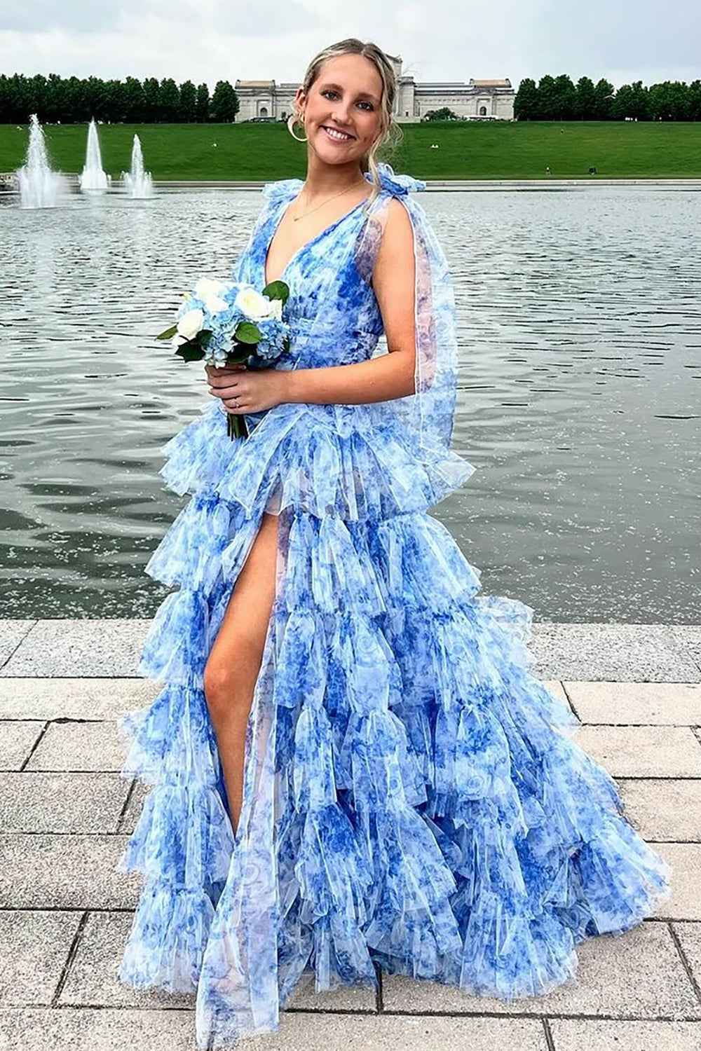 Blue Floral Tulle Prom Dress V Neck A Line Long Side Slit
