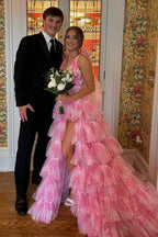 Blue Floral Tulle Prom Dress V Neck A Line Long Side Slit
