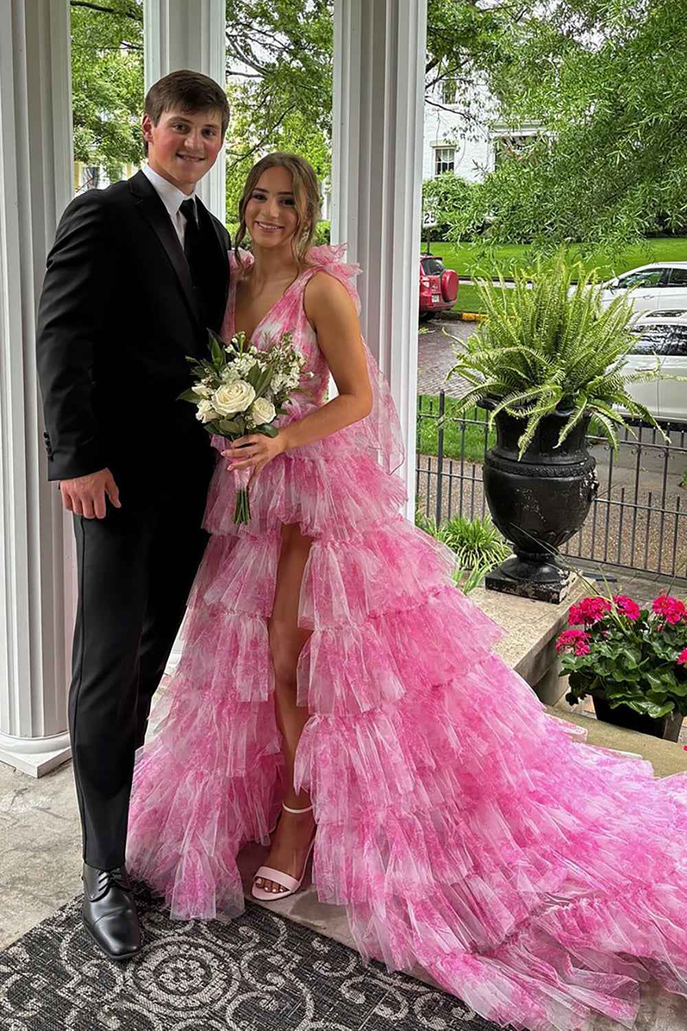 Blue Floral Tulle Prom Dress V Neck A Line Long Side Slit