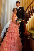 Blue Floral Tulle Prom Dress V Neck A Line Long Side Slit