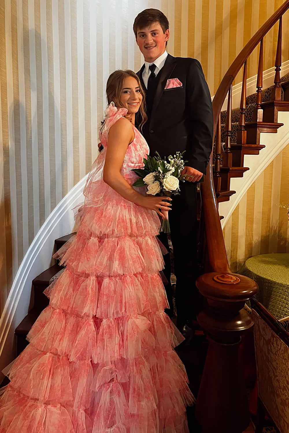 Blue Floral Tulle Prom Dress V Neck A Line Long Side Slit