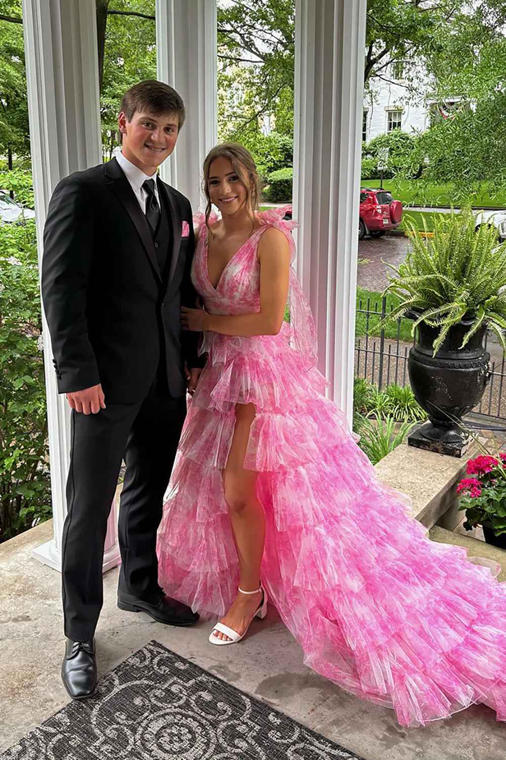 Blue Floral Tulle Prom Dress V Neck A Line Long Side Slit