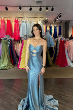 Glitter Yellow Satin Mermaid Cutout Prom Dress With Beading Sweetheart Neckline