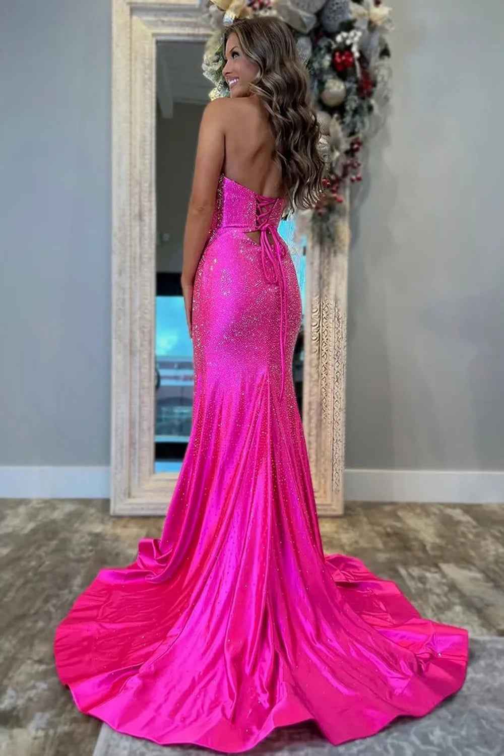 Glitter Lilac Strapless Mermaid Prom Dress With Beading Satin