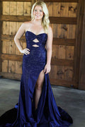 Sparkly Navy Satin Sweetheart Mermaid Prom Dress With Cut Out Beaded Details