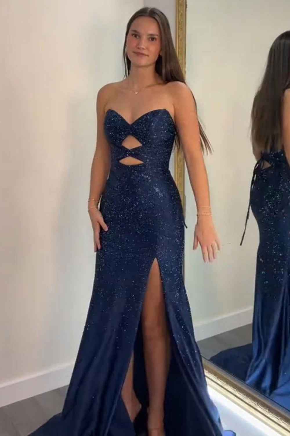 Sparkly Navy Satin Sweetheart Mermaid Prom Dress With Cut Out Beaded Details