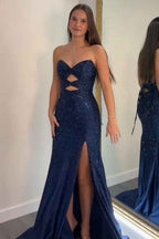 Sparkly Navy Satin Sweetheart Mermaid Prom Dress With Cut Out Beaded Details