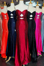Sparkly Navy Satin Sweetheart Mermaid Prom Dress With Cut Out Beaded Details