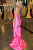 Glitter Yellow Satin Mermaid Cutout Prom Dress With Beading Sweetheart Neckline