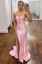 Glitter Yellow Satin Mermaid Cutout Prom Dress With Beading Sweetheart Neckline