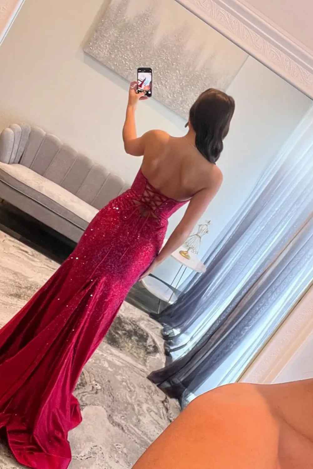 Glitter Lilac Strapless Mermaid Prom Dress With Beading Satin