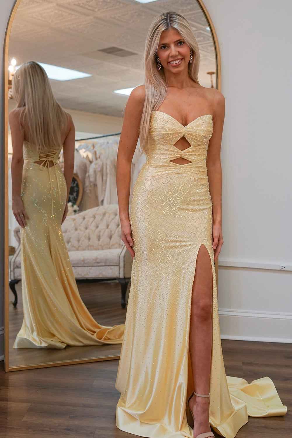 Glitter Yellow Satin Mermaid Cutout Prom Dress With Beading Sweetheart Neckline