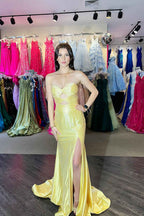 Glitter Yellow Satin Mermaid Cutout Prom Dress With Beading Sweetheart Neckline