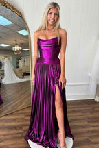 Dark Purple Metallic Pleated Strapless Corset Prom Dress