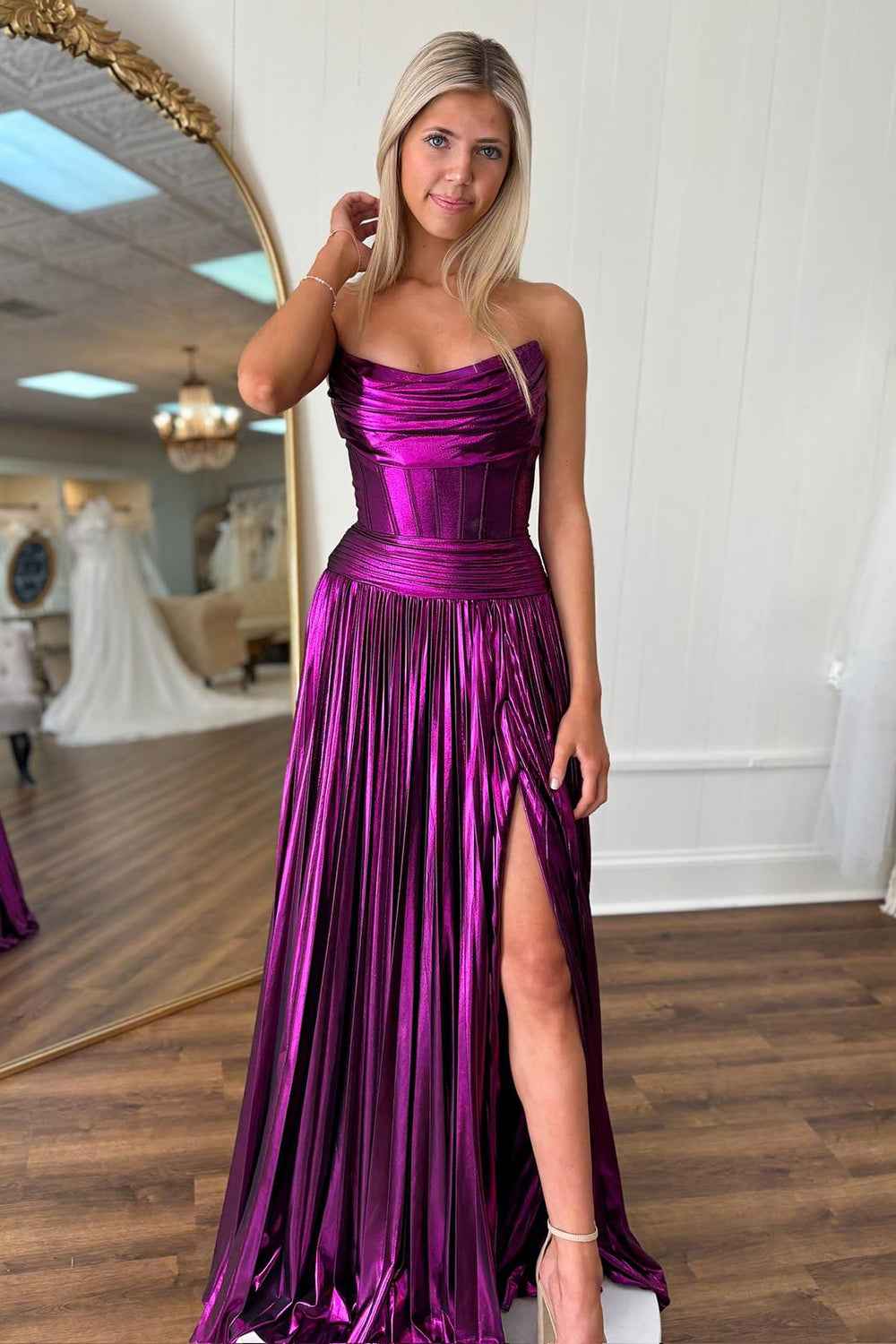 Dark Purple Metallic Pleated Strapless Corset Prom Dress