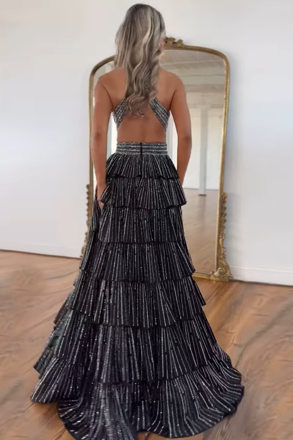 Grey Sequin A Line Tiered Corset Beaded Prom Dress With Plunging Halter Neckline And Slit