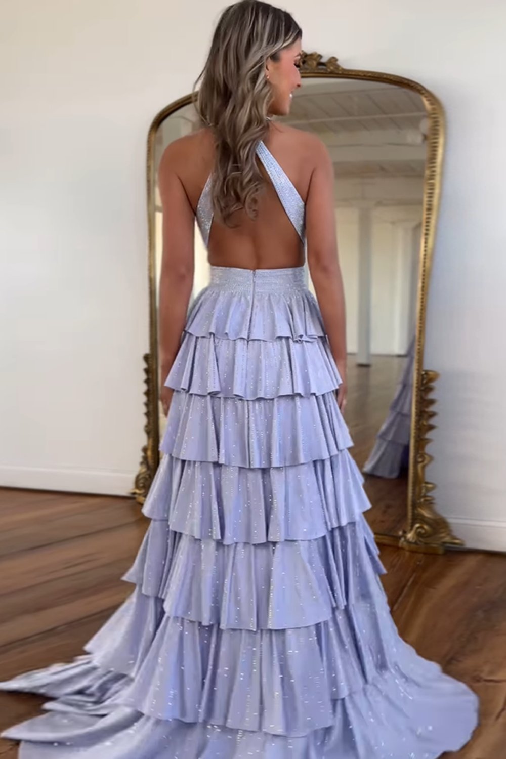 Grey Sequin A Line Tiered Corset Beaded Prom Dress With Plunging Halter Neckline And Slit