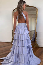Grey Sequin A Line Tiered Corset Beaded Prom Dress With Plunging Halter Neckline And Slit