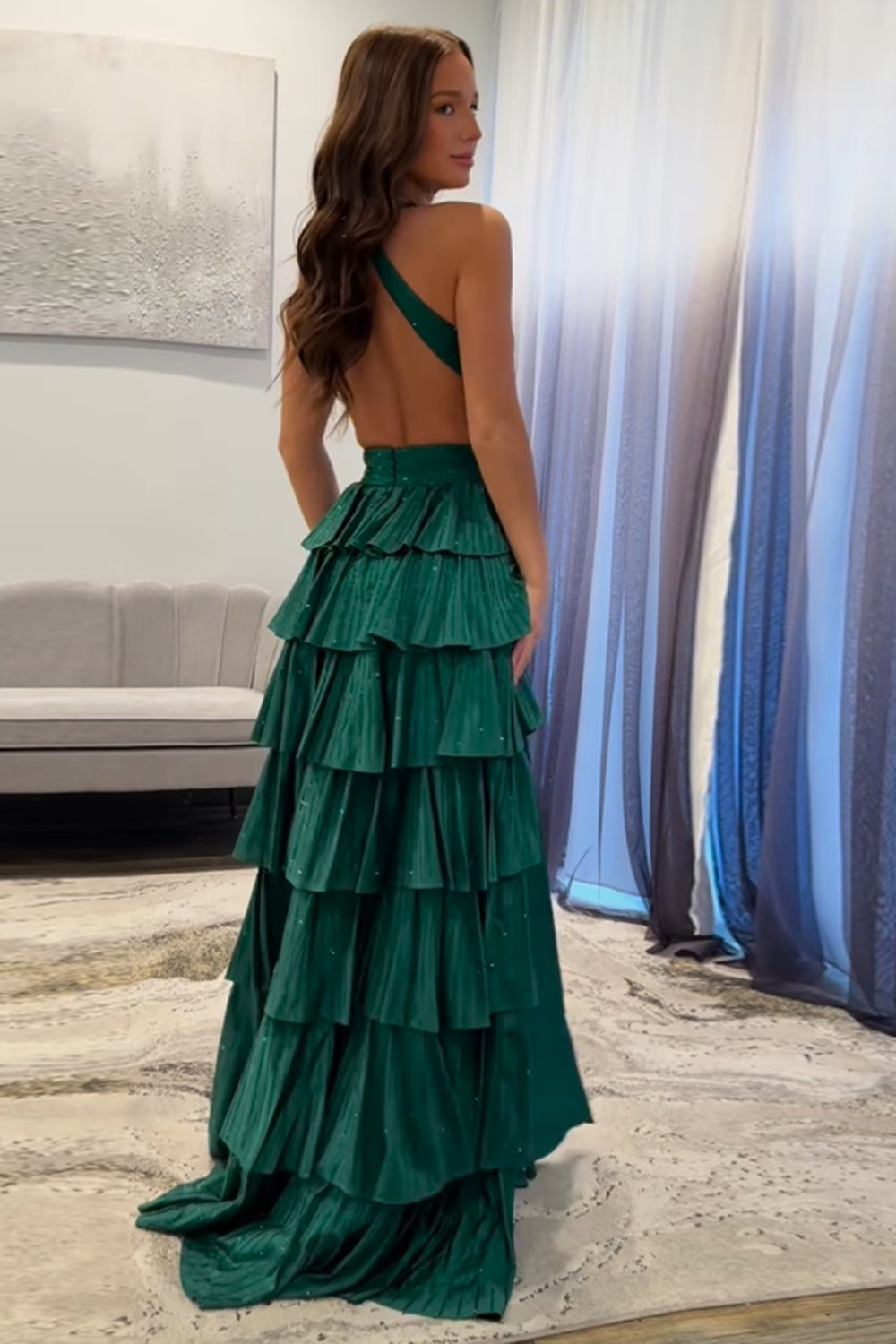 Grey Sequin A Line Tiered Corset Beaded Prom Dress With Plunging Halter Neckline And Slit