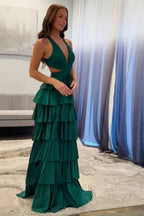 Grey Sequin A Line Tiered Corset Beaded Prom Dress With Plunging Halter Neckline And Slit