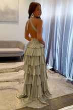 Grey Sequin A Line Tiered Corset Beaded Prom Dress With Plunging Halter Neckline And Slit