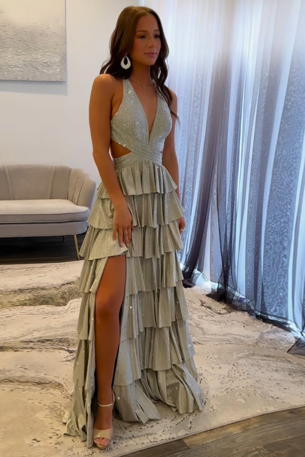 Grey Sequin A Line Tiered Corset Beaded Prom Dress With Plunging Halter Neckline And Slit