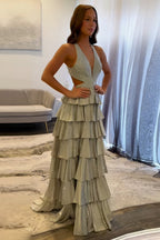 Grey Sequin A Line Tiered Corset Beaded Prom Dress With Plunging Halter Neckline And Slit