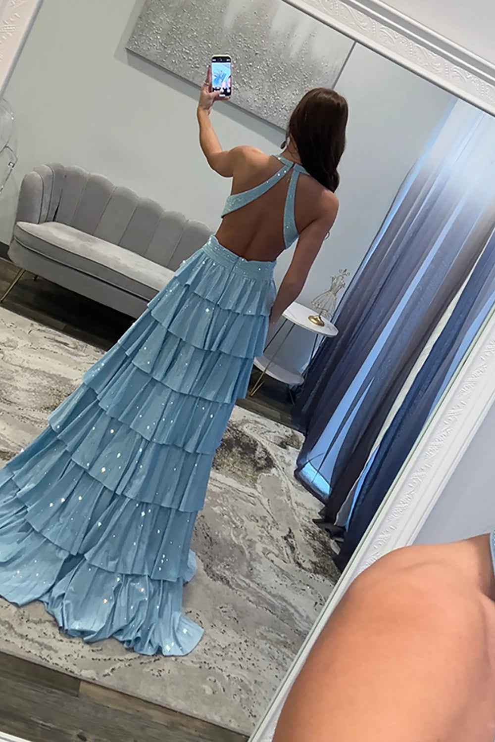 Grey Sequin A Line Tiered Corset Beaded Prom Dress With Plunging Halter Neckline And Slit
