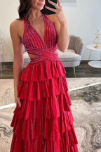 Grey Sequin A Line Tiered Corset Beaded Prom Dress With Plunging Halter Neckline And Slit