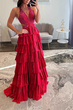 Grey Sequin A Line Tiered Corset Beaded Prom Dress With Plunging Halter Neckline And Slit