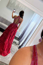 Grey Sequin A Line Tiered Corset Beaded Prom Dress With Plunging Halter Neckline And Slit