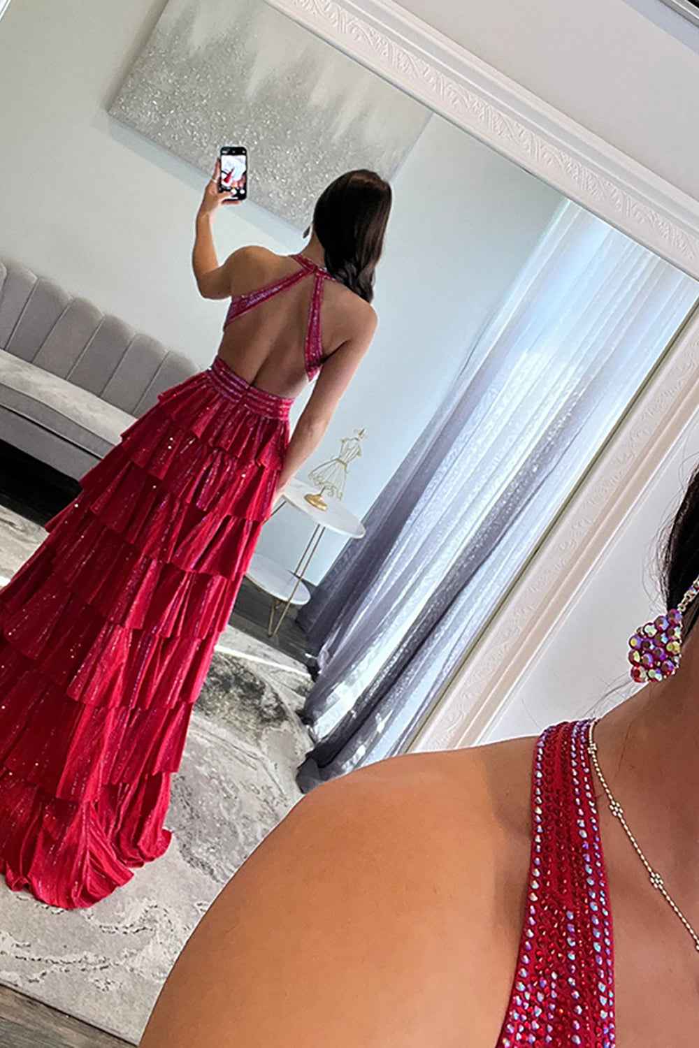 Grey Sequin A Line Tiered Corset Beaded Prom Dress With Plunging Halter Neckline And Slit