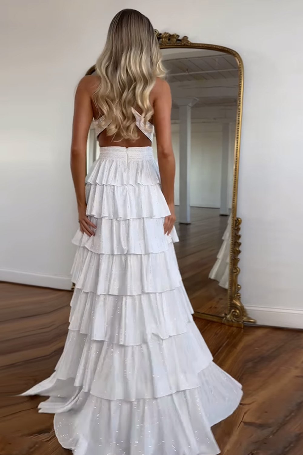 Grey Sequin A Line Tiered Corset Beaded Prom Dress With Plunging Halter Neckline And Slit
