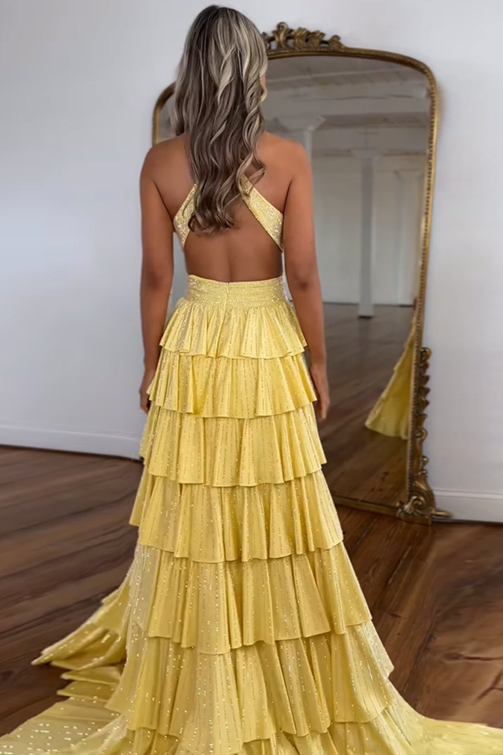 Grey Sequin A Line Tiered Corset Beaded Prom Dress With Plunging Halter Neckline And Slit
