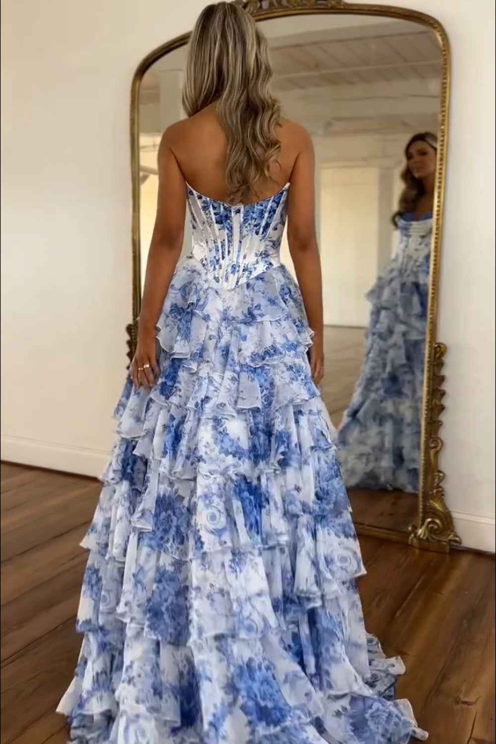 Blush Sweetheart A Line Chiffon Floral Ruffled Long Corset Prom Dress With Slit